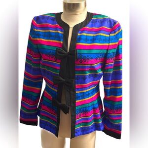 Vintage ADRIANNA PAPELL SILK Jacket Blazer Stripe Bow Silk Multicolored